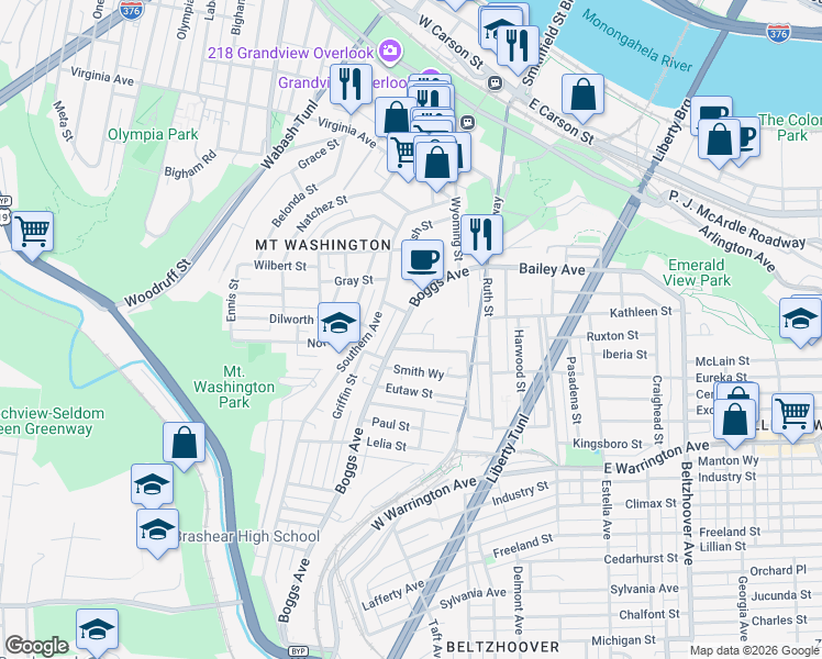 map of restaurants, bars, coffee shops, grocery stores, and more near 311 Boggs Avenue in Pittsburgh