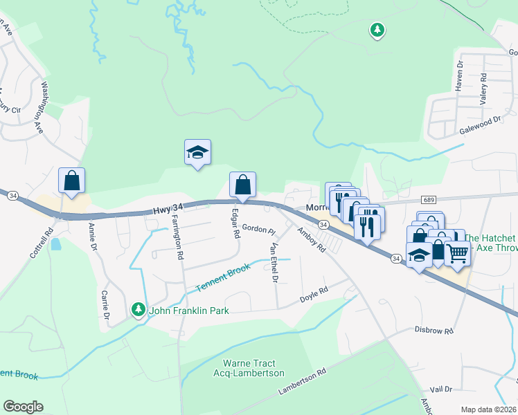 map of restaurants, bars, coffee shops, grocery stores, and more near 300 New Jersey 34 in Matawan