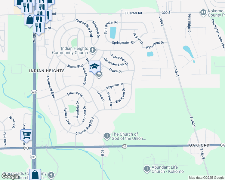map of restaurants, bars, coffee shops, grocery stores, and more near 5605 Wigwam Court in Kokomo