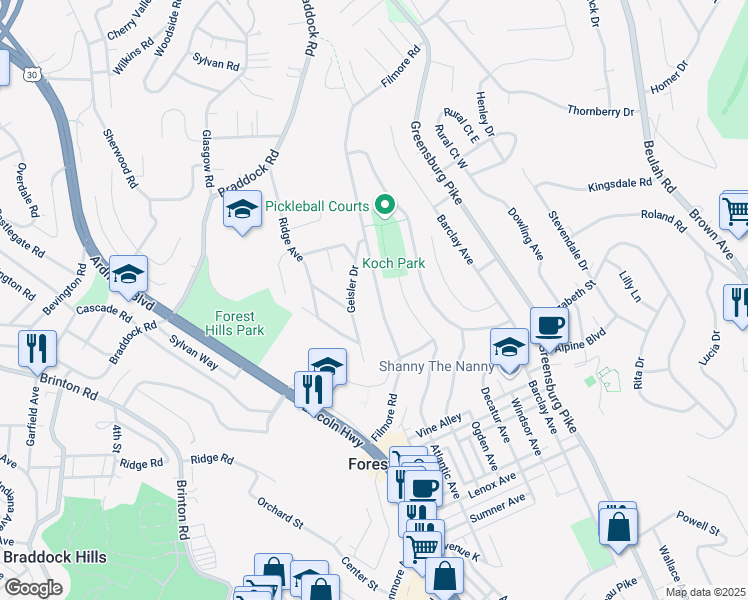 map of restaurants, bars, coffee shops, grocery stores, and more near 451 Filmore Road in Pittsburgh
