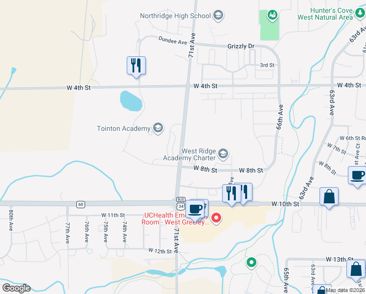 map of restaurants, bars, coffee shops, grocery stores, and more near 712 71st Avenue in Greeley