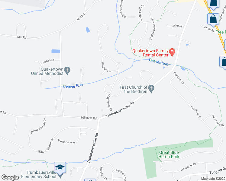 map of restaurants, bars, coffee shops, grocery stores, and more near 1034 Mayflower Drive in Quakertown