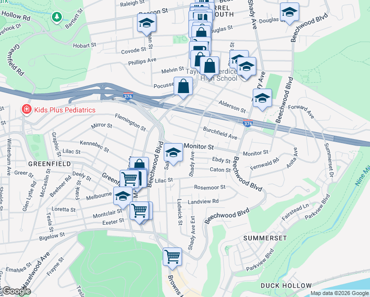 map of restaurants, bars, coffee shops, grocery stores, and more near 6230 Monitor Street in Pittsburgh