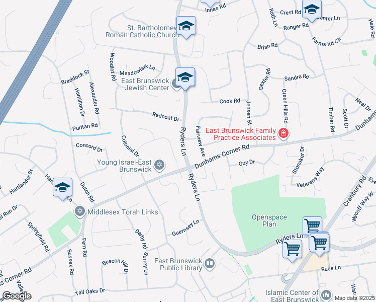 map of restaurants, bars, coffee shops, grocery stores, and more near 544 Ryders Lane in East Brunswick