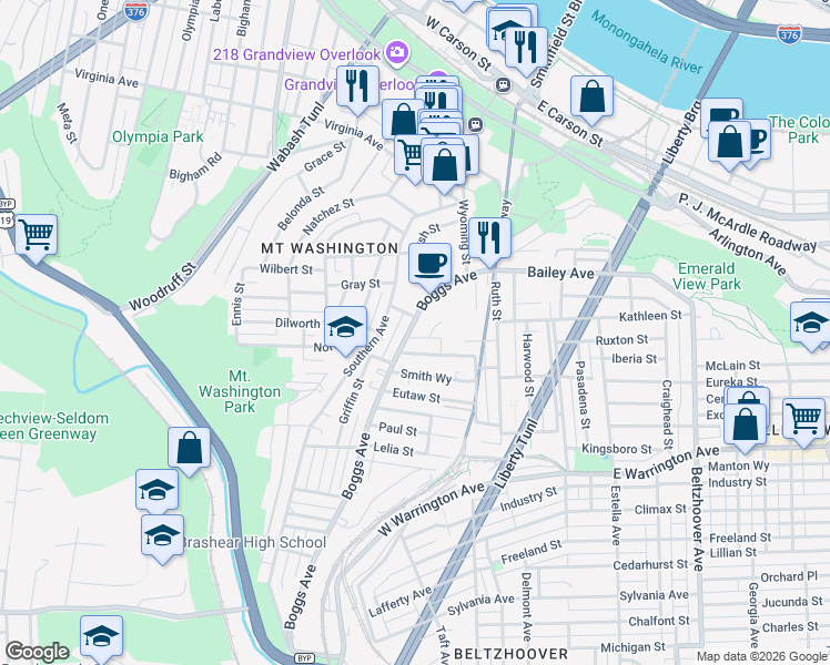 map of restaurants, bars, coffee shops, grocery stores, and more near 327 Boggs Avenue in Pittsburgh