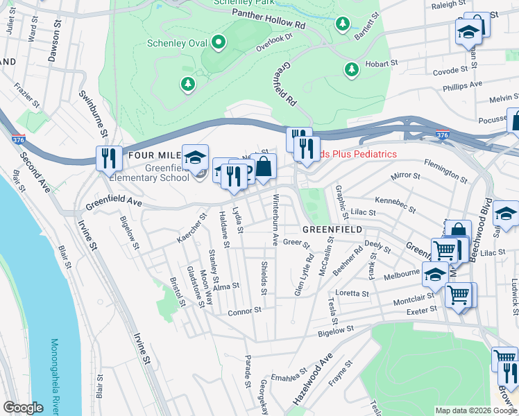 map of restaurants, bars, coffee shops, grocery stores, and more near 4011 Coleman Street in Pittsburgh