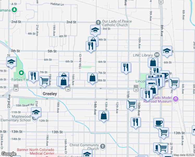 map of restaurants, bars, coffee shops, grocery stores, and more near 716 14th Avenue in Greeley