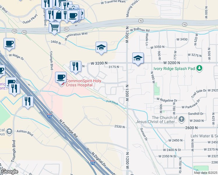 map of restaurants, bars, coffee shops, grocery stores, and more near 2971 1350 West in Lehi