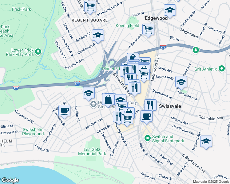map of restaurants, bars, coffee shops, grocery stores, and more near 1712 Hays Street in Pittsburgh