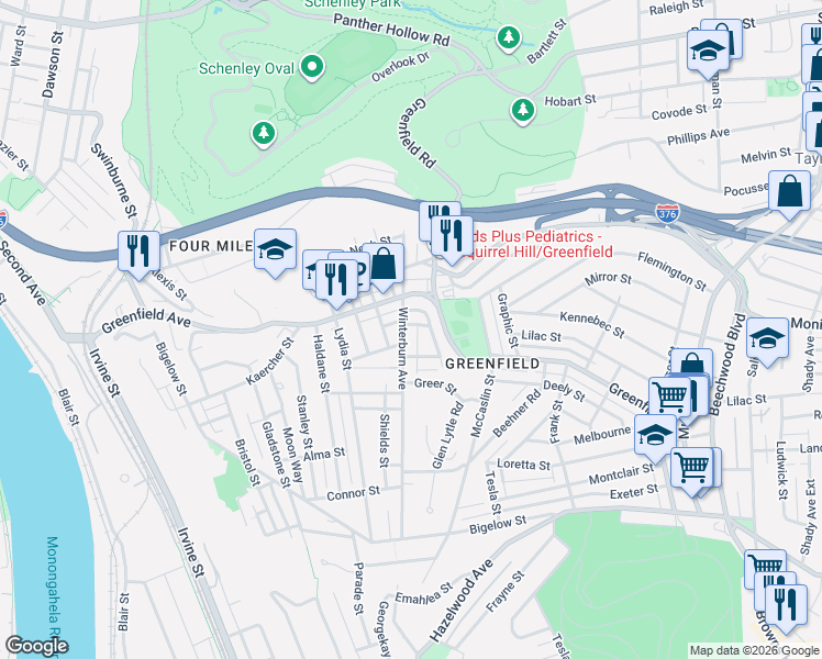 map of restaurants, bars, coffee shops, grocery stores, and more near in Pittsburgh