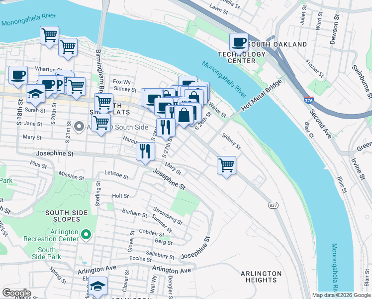 map of restaurants, bars, coffee shops, grocery stores, and more near 2814 Larkins Way in Pittsburgh