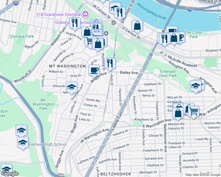 map of restaurants, bars, coffee shops, grocery stores, and more near 110 Tuscola Street in Pittsburgh