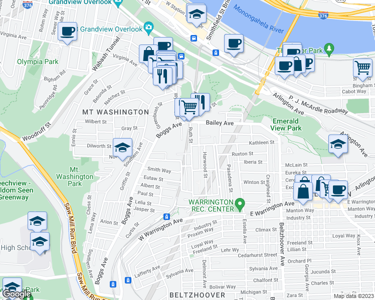 map of restaurants, bars, coffee shops, grocery stores, and more near 110 Tuscola Street in Pittsburgh