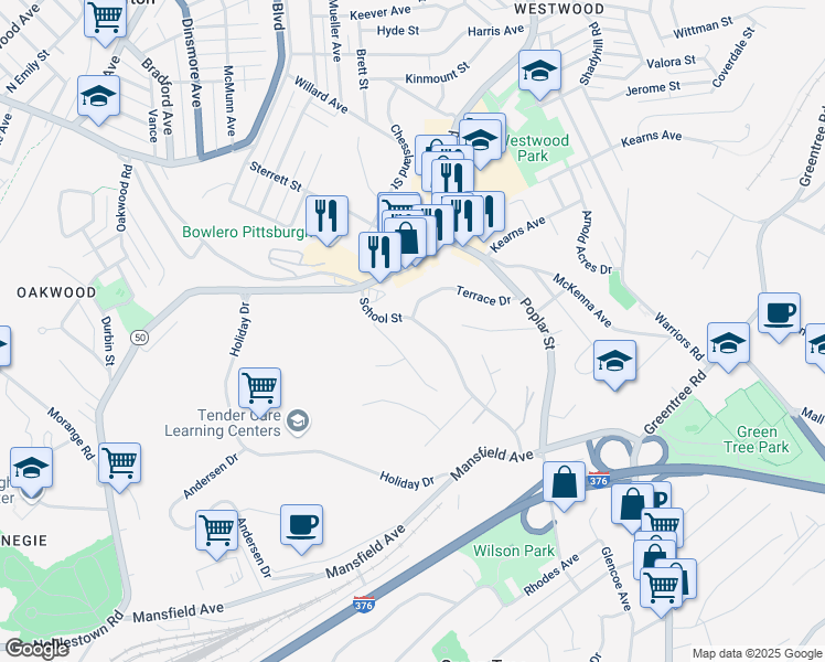 map of restaurants, bars, coffee shops, grocery stores, and more near 1187 School Street in Pittsburgh