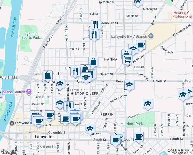 map of restaurants, bars, coffee shops, grocery stores, and more near 1418 Union Street in Lafayette