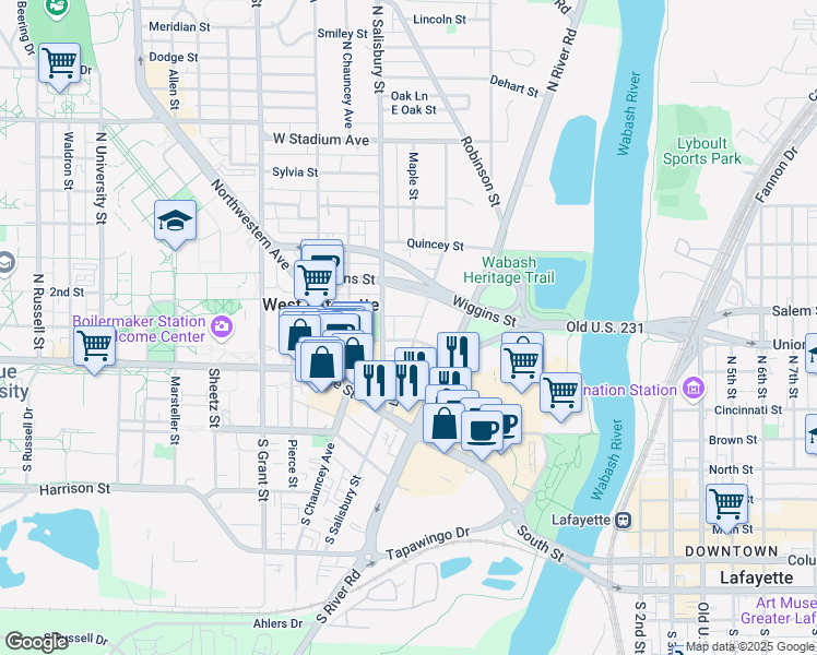 map of restaurants, bars, coffee shops, grocery stores, and more near 219 Littleton Street in West Lafayette