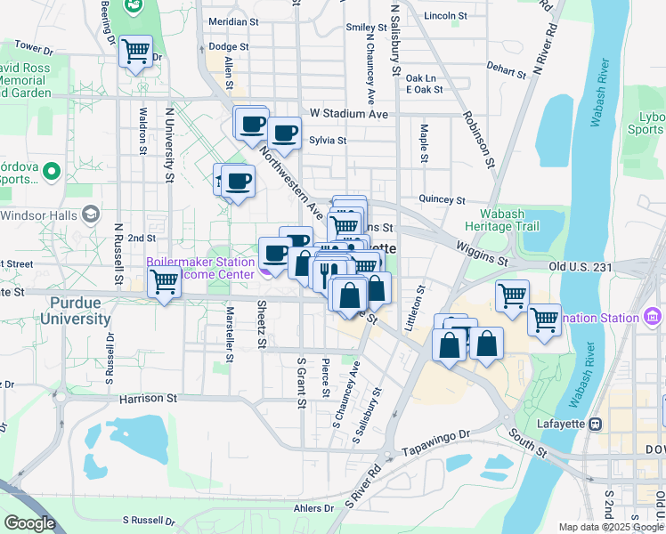 map of restaurants, bars, coffee shops, grocery stores, and more near 209 Northwestern Avenue in West Lafayette