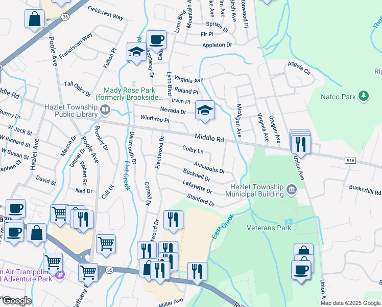 map of restaurants, bars, coffee shops, grocery stores, and more near 23 Colby Lane in Hazlet
