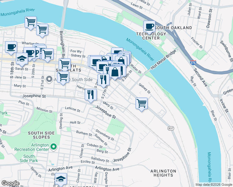 map of restaurants, bars, coffee shops, grocery stores, and more near 2814 Larkins Way in Pittsburgh