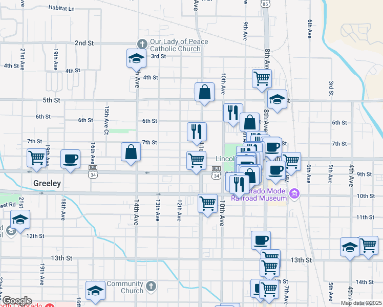 map of restaurants, bars, coffee shops, grocery stores, and more near 1115 8th Street in Greeley