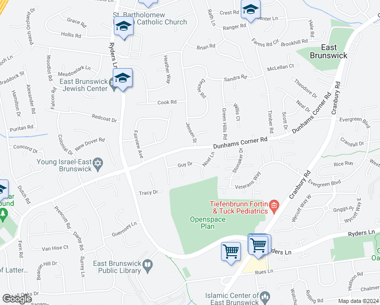 map of restaurants, bars, coffee shops, grocery stores, and more near 148 Dunhams Corner Road in East Brunswick
