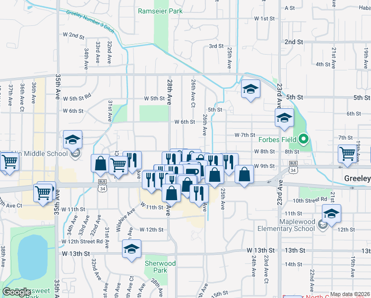 map of restaurants, bars, coffee shops, grocery stores, and more near 732 27th Avenue in Greeley