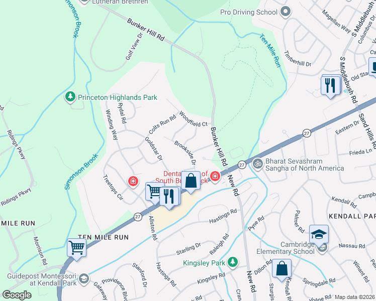 map of restaurants, bars, coffee shops, grocery stores, and more near 17 Brookside Drive in Princeton
