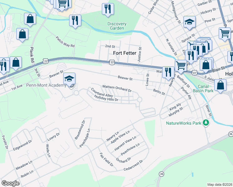 map of restaurants, bars, coffee shops, grocery stores, and more near 503 Baldwin Lane in Hollidaysburg