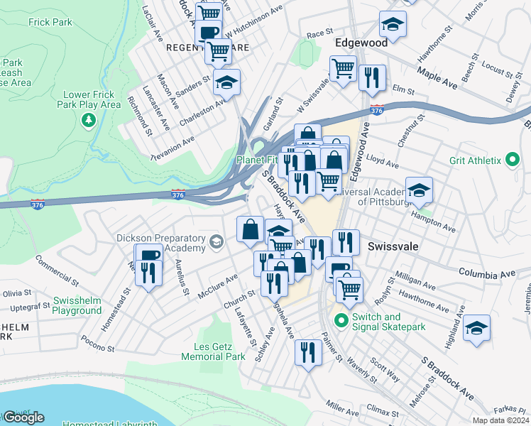 map of restaurants, bars, coffee shops, grocery stores, and more near 1712 Hays Street in Pittsburgh