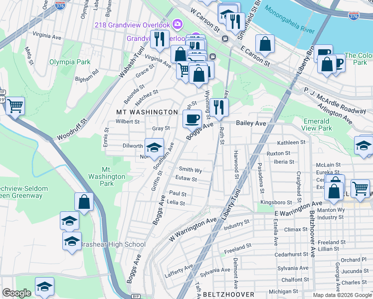 map of restaurants, bars, coffee shops, grocery stores, and more near 327 Boggs Avenue in Pittsburgh