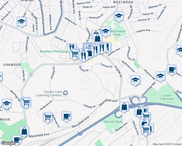 map of restaurants, bars, coffee shops, grocery stores, and more near 1187 School Street in Pittsburgh