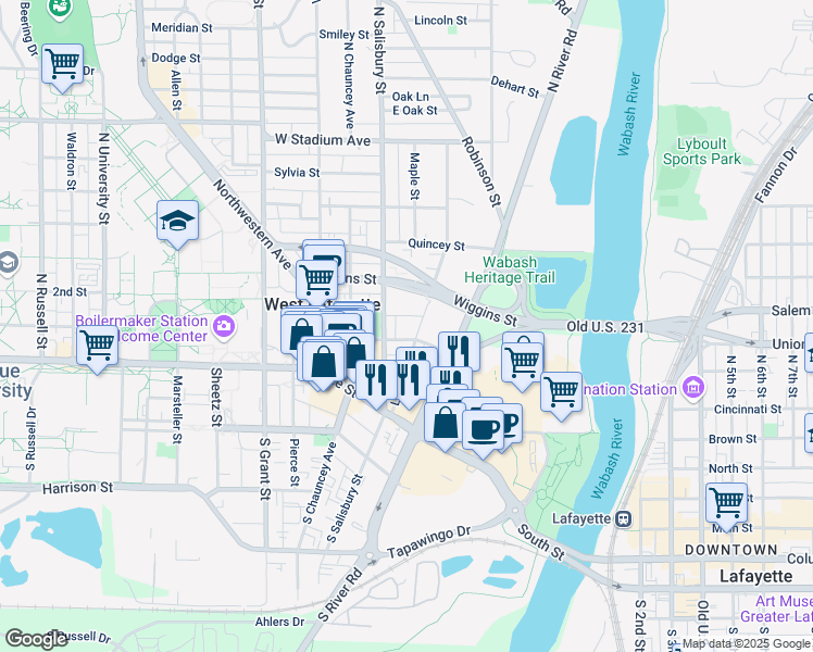 map of restaurants, bars, coffee shops, grocery stores, and more near 215 Littleton Street in West Lafayette