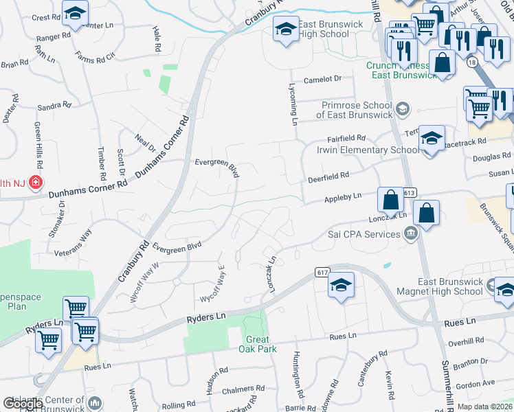 map of restaurants, bars, coffee shops, grocery stores, and more near 208 Manahan Court in East Brunswick