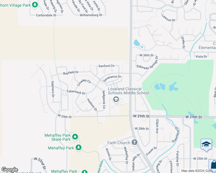 map of restaurants, bars, coffee shops, grocery stores, and more near 3160 Champion Circle in Loveland