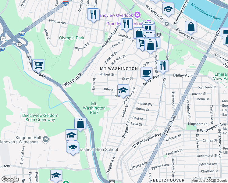 map of restaurants, bars, coffee shops, grocery stores, and more near 121 Dilworth Street in Pittsburgh
