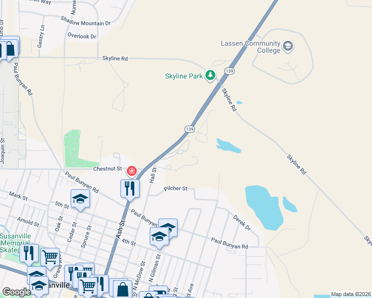 map of restaurants, bars, coffee shops, grocery stores, and more near 477-050 California 139 in Susanville