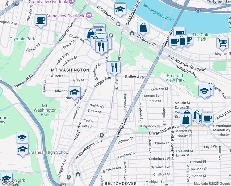 map of restaurants, bars, coffee shops, grocery stores, and more near 110 Tuscola Street in Pittsburgh
