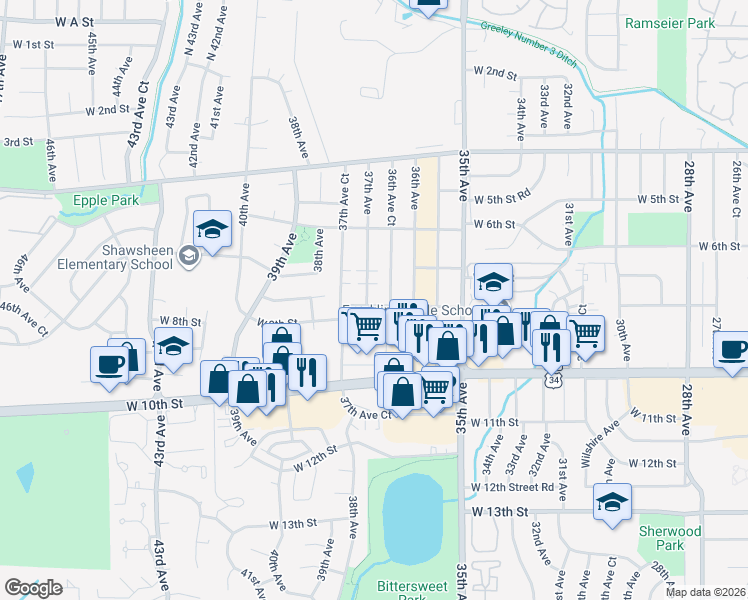 map of restaurants, bars, coffee shops, grocery stores, and more near 818 37th Avenue in Greeley