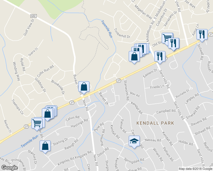 map of restaurants, bars, coffee shops, grocery stores, and more near 3453 Route 27 in Franklin Township