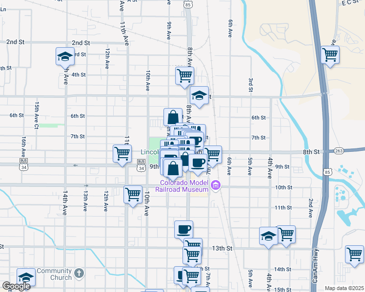 map of restaurants, bars, coffee shops, grocery stores, and more near 801 8th Street in Greeley