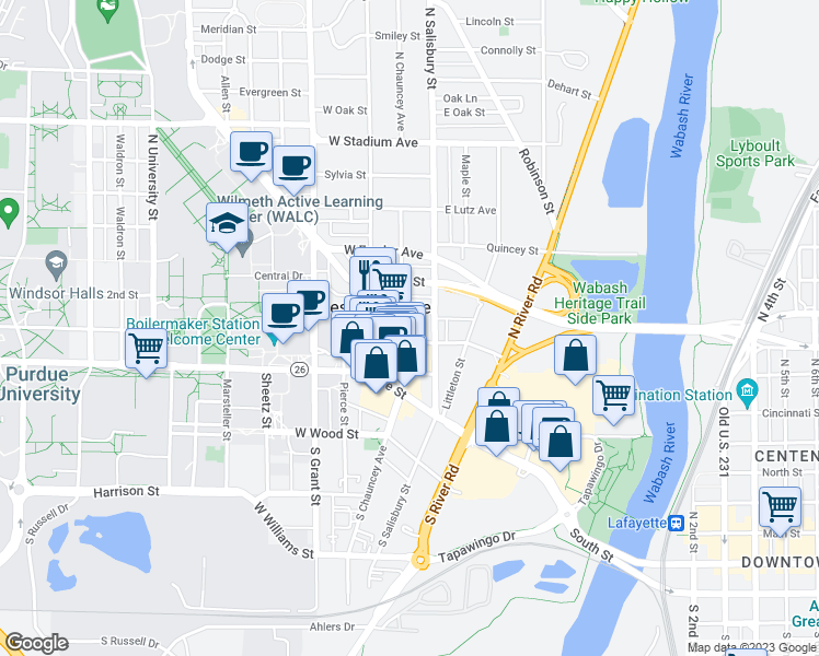 map of restaurants, bars, coffee shops, grocery stores, and more near 222 North Chauncey Avenue in West Lafayette