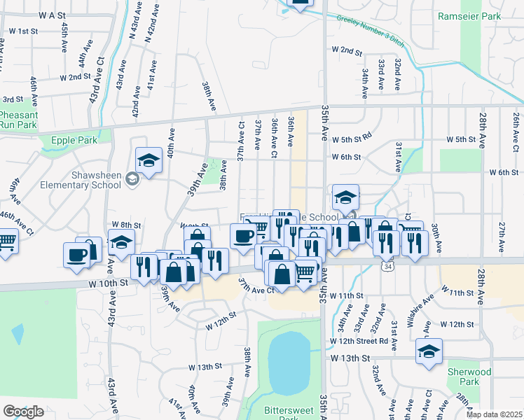 map of restaurants, bars, coffee shops, grocery stores, and more near 736 37th Avenue in Greeley