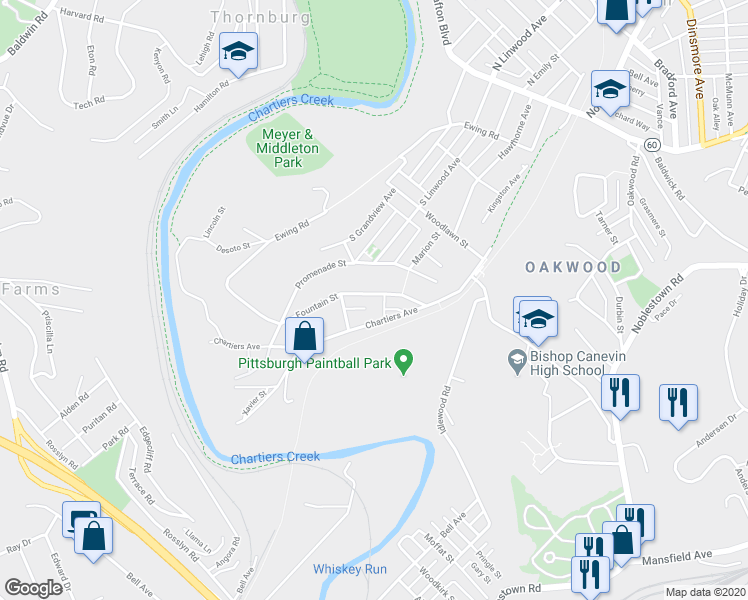 map of restaurants, bars, coffee shops, grocery stores, and more near 45 Fountain Street in Crafton