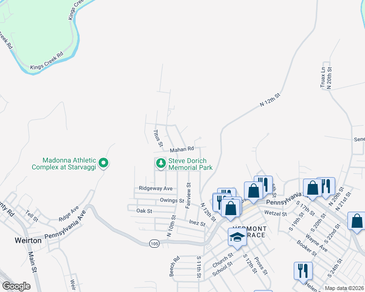 map of restaurants, bars, coffee shops, grocery stores, and more near 231 Mahan Rd in Weirton