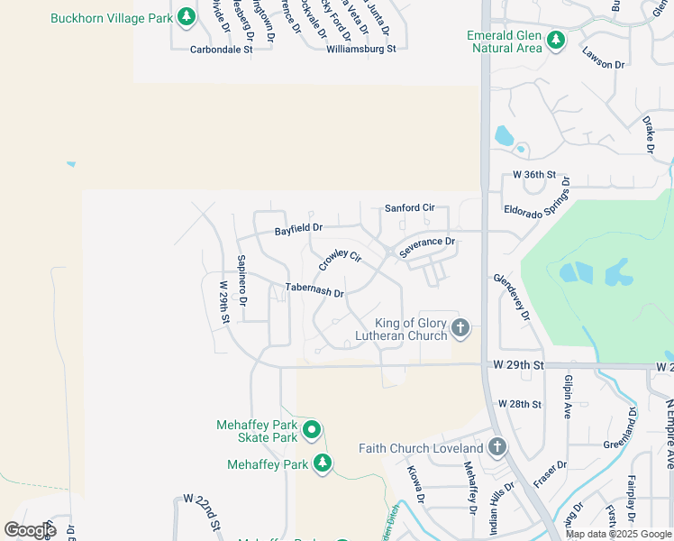 map of restaurants, bars, coffee shops, grocery stores, and more near 3175 Hudson Court in Loveland