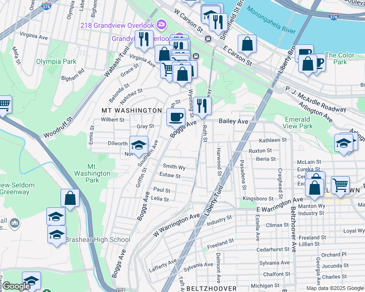 map of restaurants, bars, coffee shops, grocery stores, and more near 21 Kohlmeyers Lane in Pittsburgh