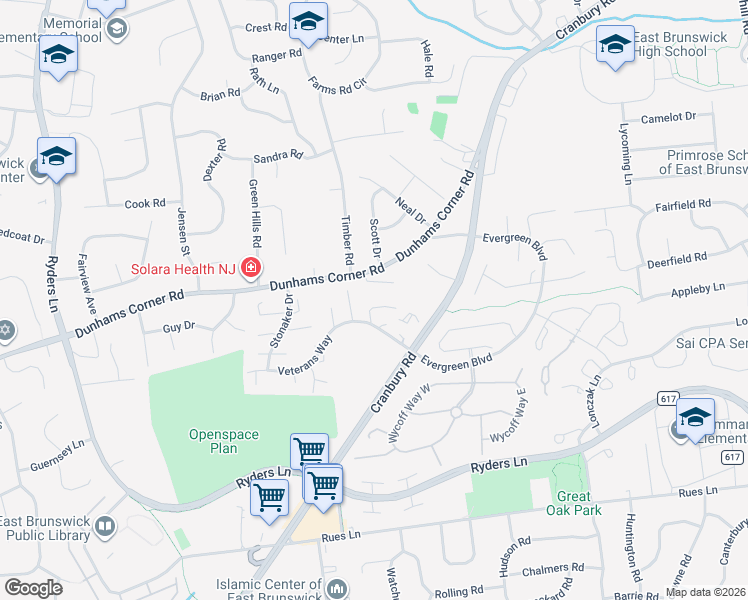 map of restaurants, bars, coffee shops, grocery stores, and more near 9 Vreeland Court in East Brunswick