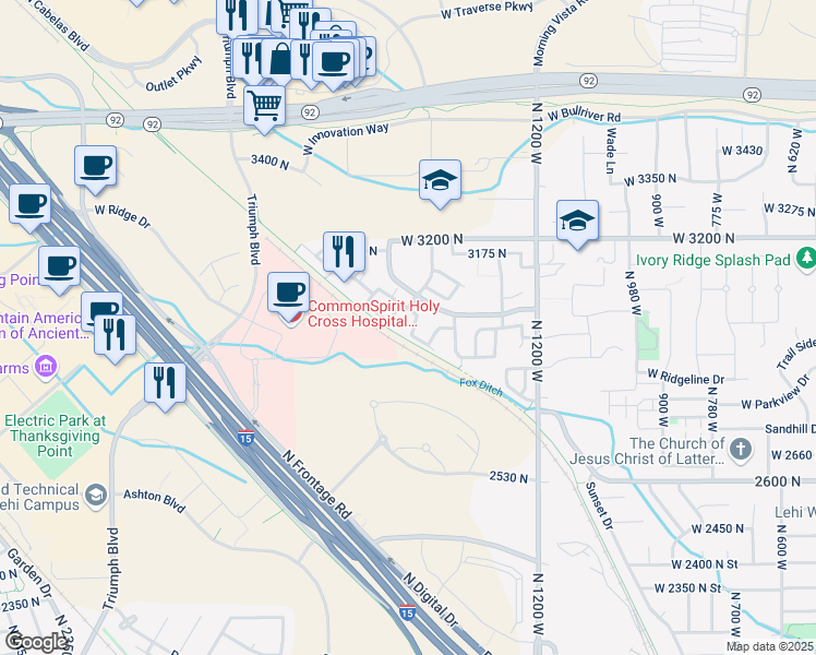 map of restaurants, bars, coffee shops, grocery stores, and more near 1551 WestBury Way in Lehi