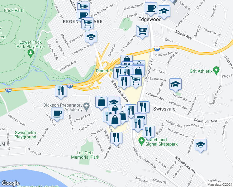 map of restaurants, bars, coffee shops, grocery stores, and more near 1712 Hays Street in Pittsburgh
