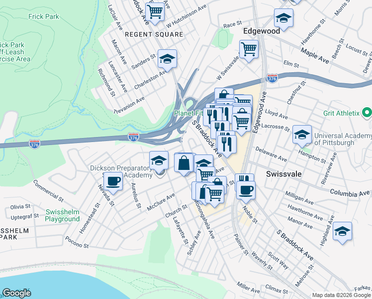 map of restaurants, bars, coffee shops, grocery stores, and more near 1650 Monongahela Avenue in Pittsburgh